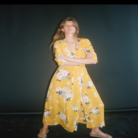 NWT SEA Pia Floral Midi Dress With Tie Belt Yellow Multi Size 8